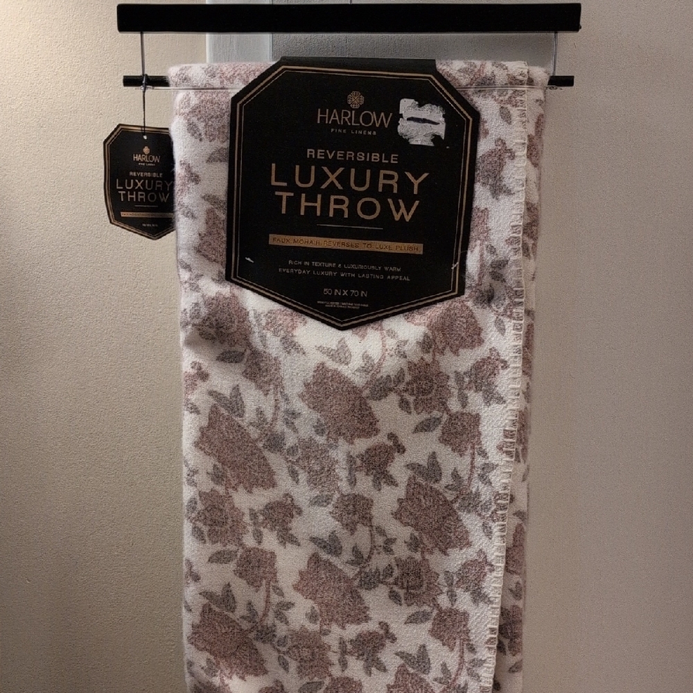 Harlow Fine Linens Floral Reversible Throw in Cream and Brown NWT